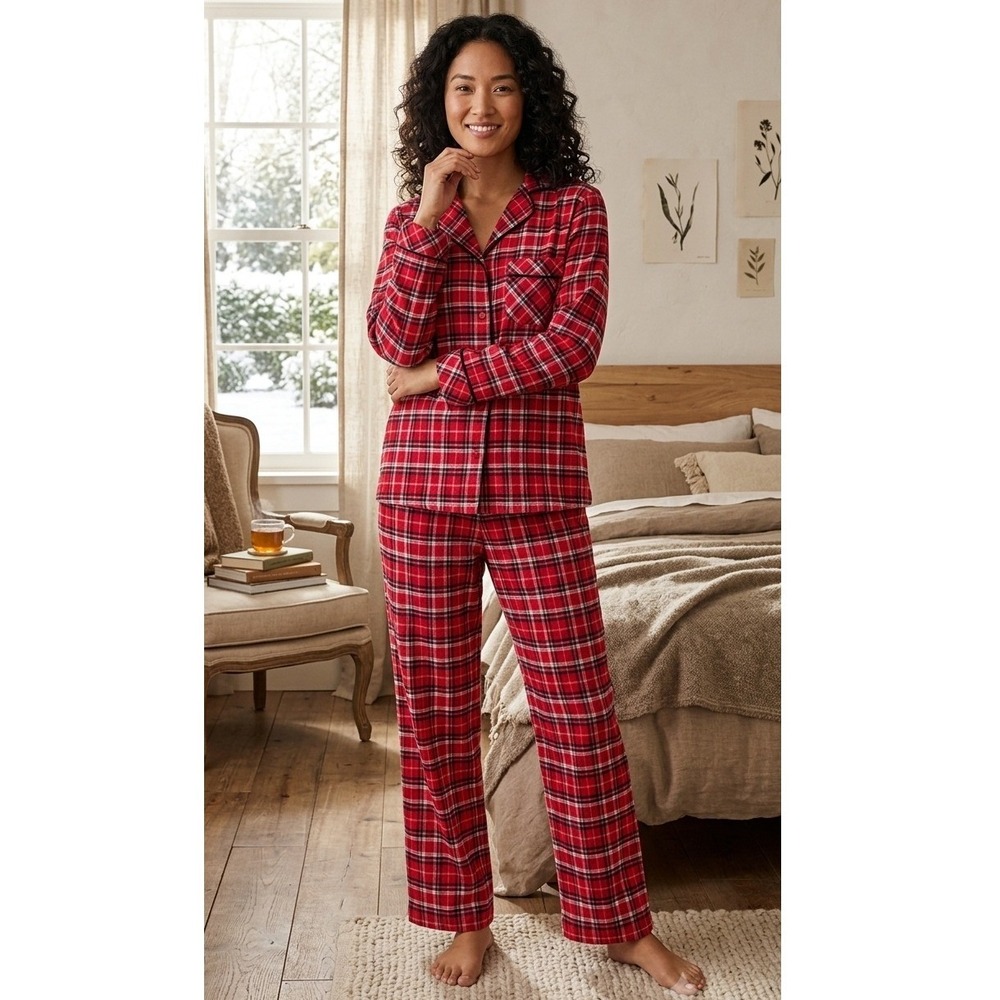 Charter Club Flannel Pajama Set Red Plaid Long Sleeve Button Up XS NEW
